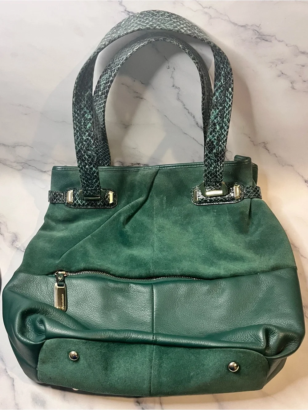 B Makowsky, Snakeskin Green Suede & Leather Shoulder Purse/Handbag Hobo